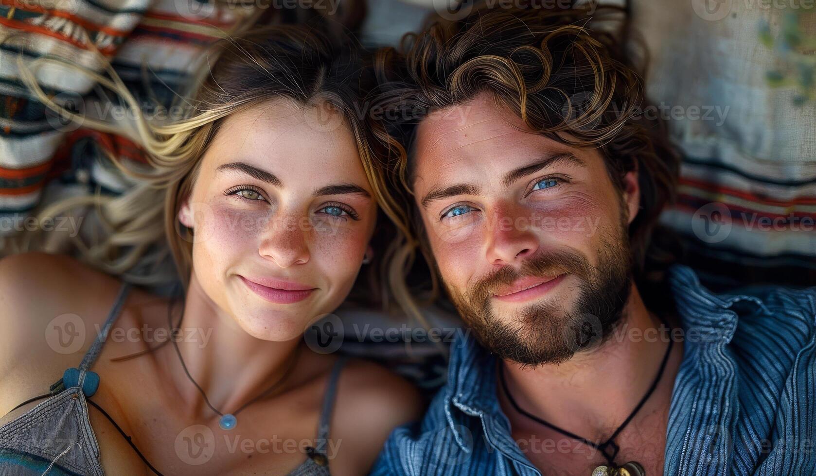 A man and a woman are laying on a blanket, smiling at the camera. The man has a beard and the woman has long blonde hair. Scene is happy and relaxed photo
