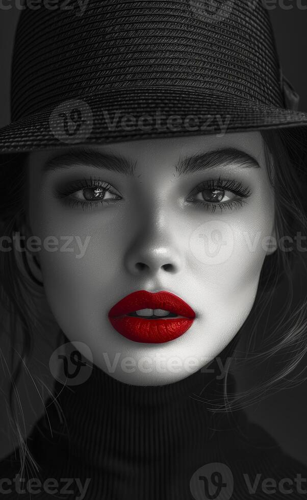 A woman with red lips and a black hat photo