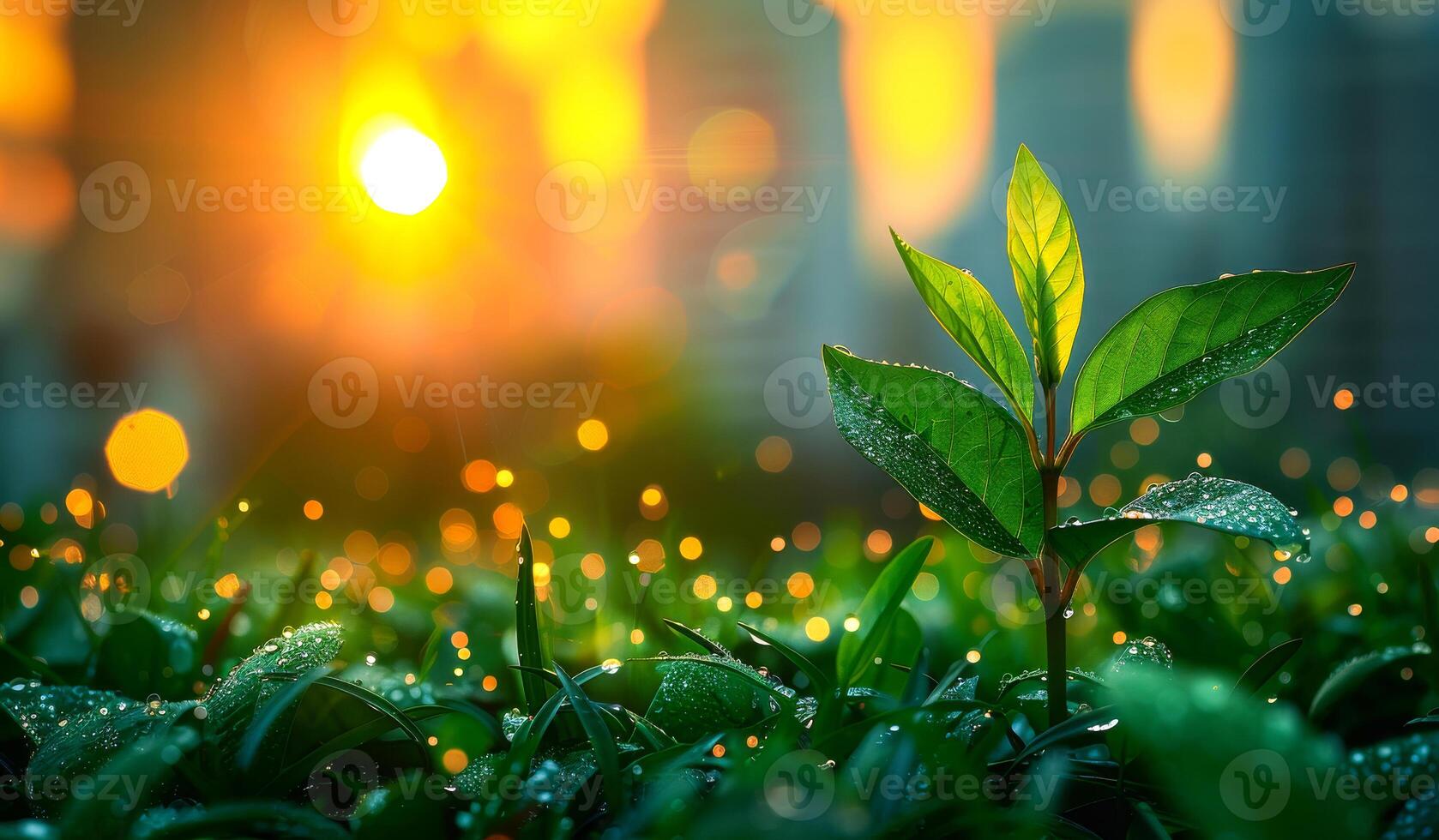 A small green leaf is in the foreground of a field of grass. The sun is setting in the background, casting a warm glow over the scene. Concept of tranquility and peace photo