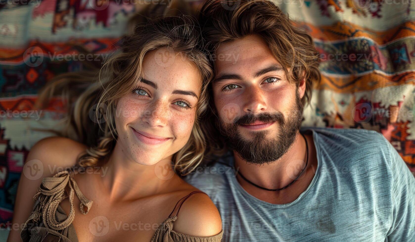 A man and a woman are laying on a blanket, smiling at the camera. Scene is happy and relaxed photo