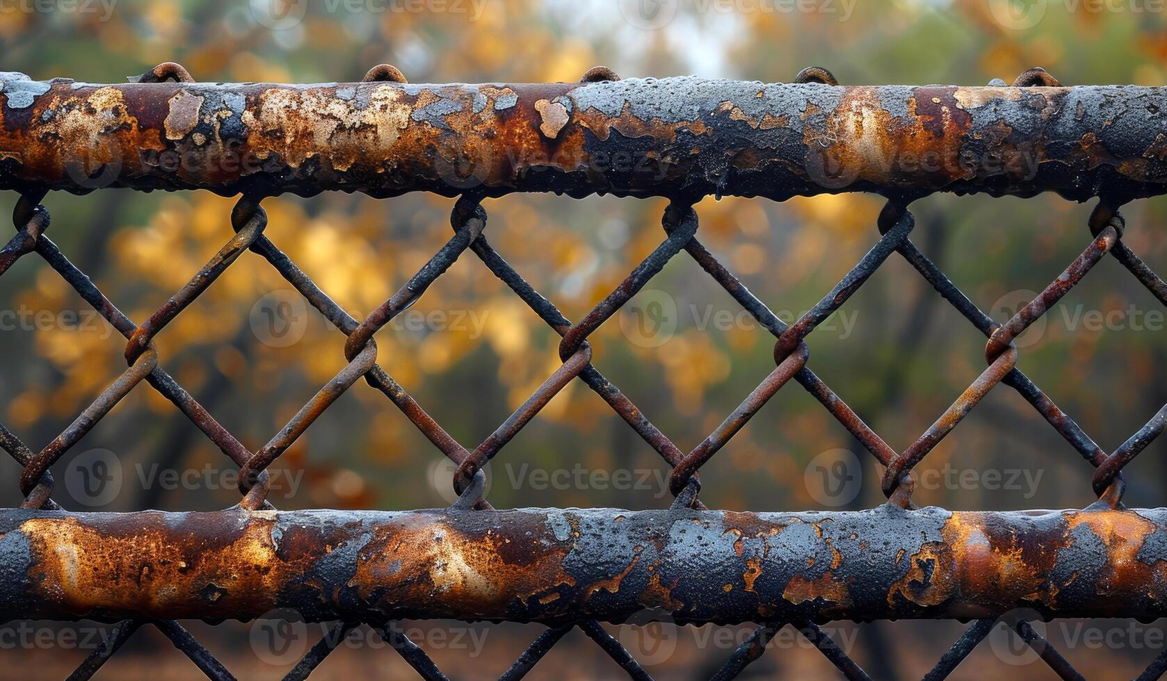 A rusty chain link fence with a few leaves on it. The leaves are yellow and brown. The fence is old and rusted photo