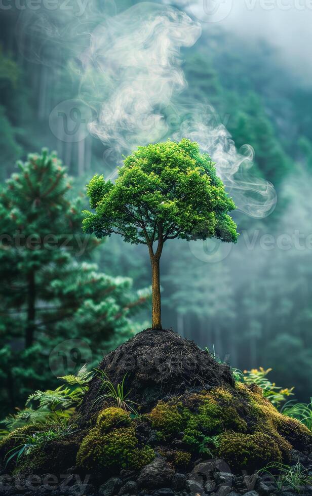 A small tree is growing on a hill covered in moss. The tree is surrounded by a lot of greenery, and the smoke from the tree is rising into the air. Concept of growth and renewal photo