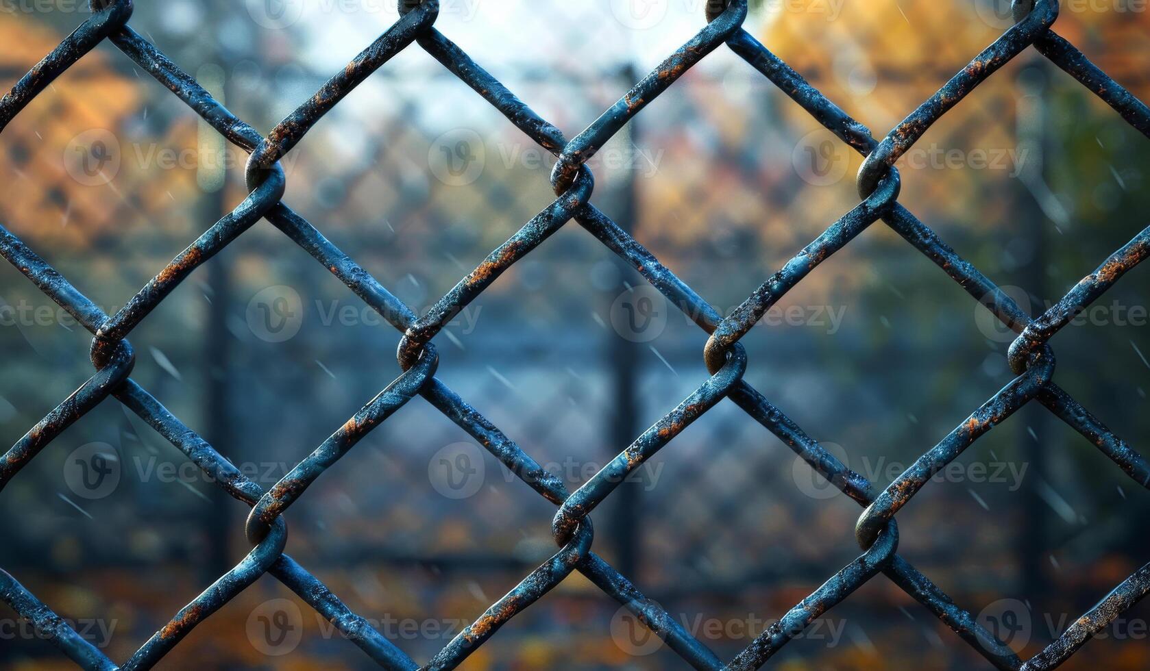A chain link fence with a wet chain link. The chain link is rusted and the rain has made it even more rusted photo
