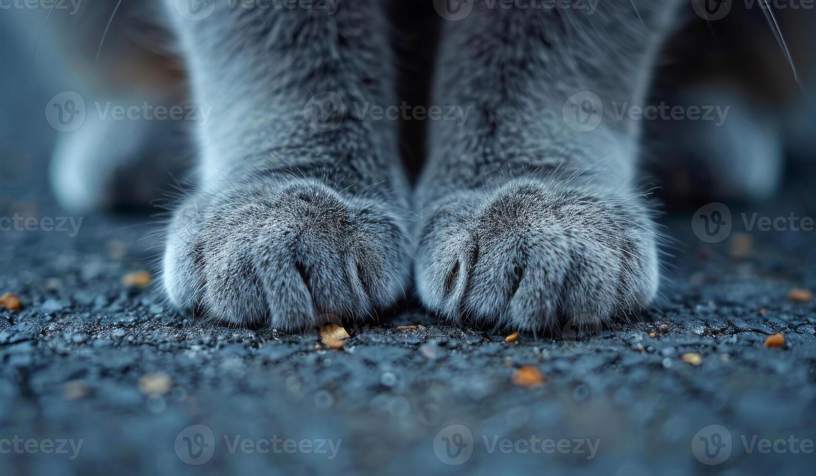 A cat's paw is shown in a close up. The paw is gray and has a few black spots. The cat is standing on a gray surface, which could be a sidewalk or a road photo