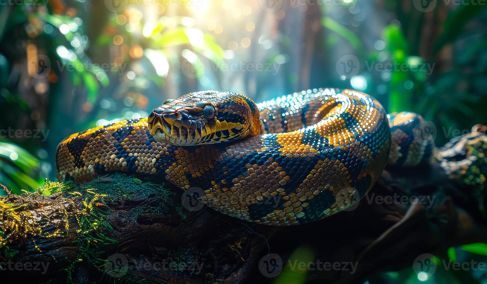 A large snake is curled up on a branch in a lush green forest. The snake is brown and black with yellow markings. The scene is peaceful and serene, with the snake blending in with its surroundings photo