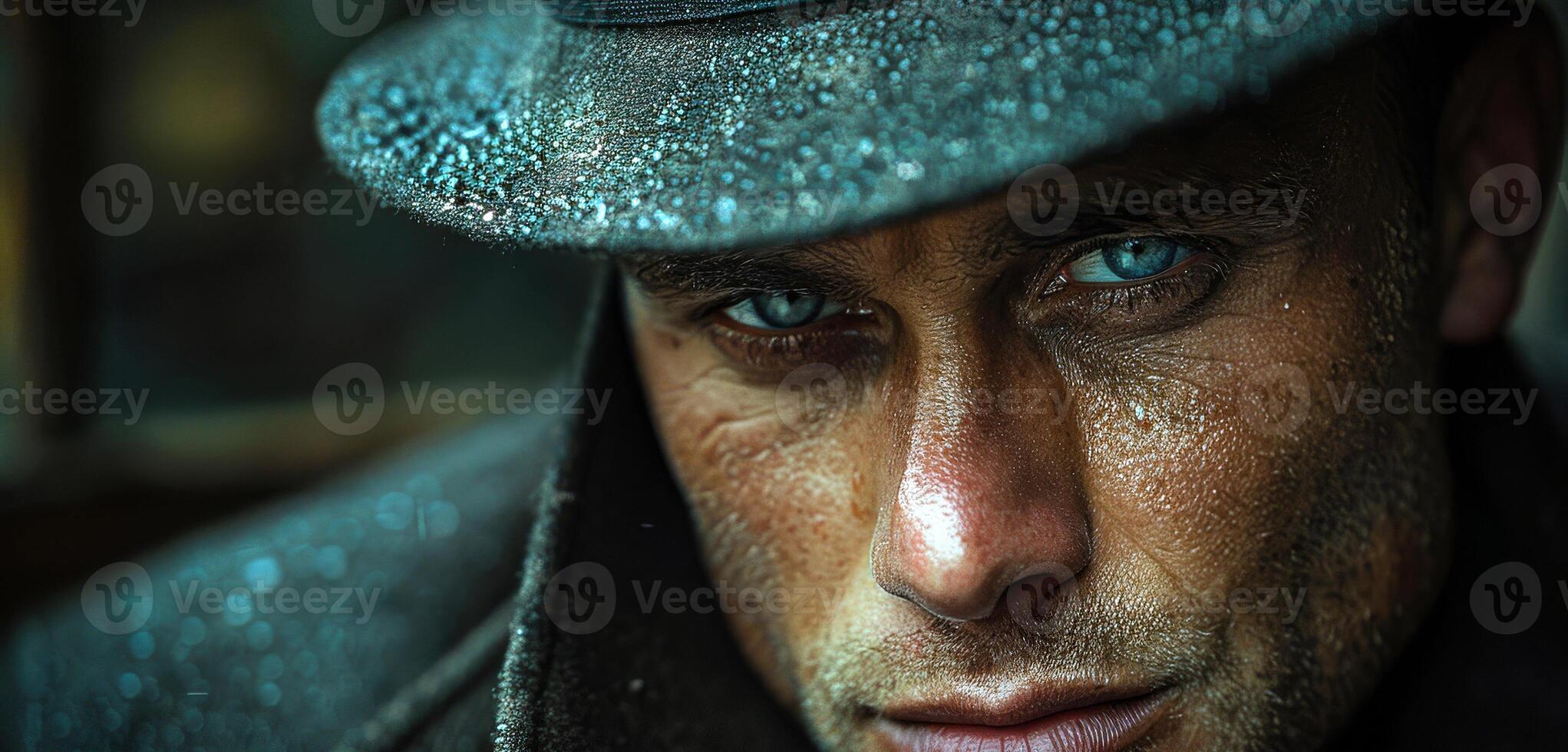 A man wearing a hat and a coat with a blue eye. The man is looking at the camera photo