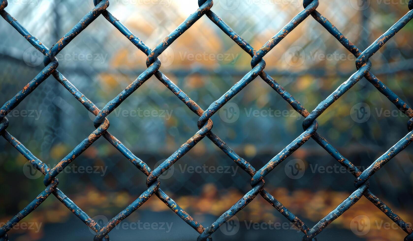 A chain link fence with rusted metal bars. The fence is open and the leaves are falling photo