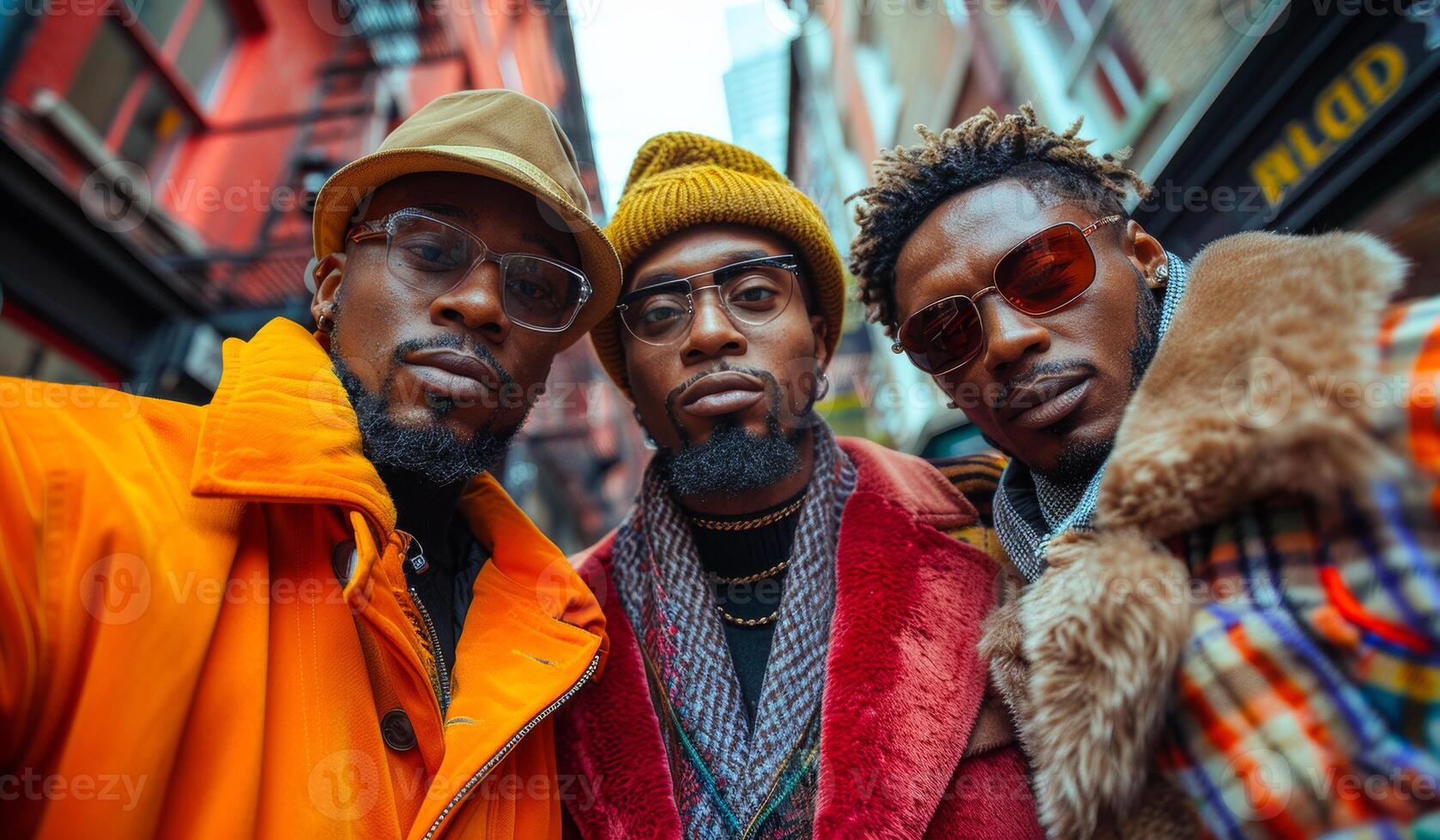 Three men wearing glasses and hats pose for a picture. The men are wearing red and orange coats photo