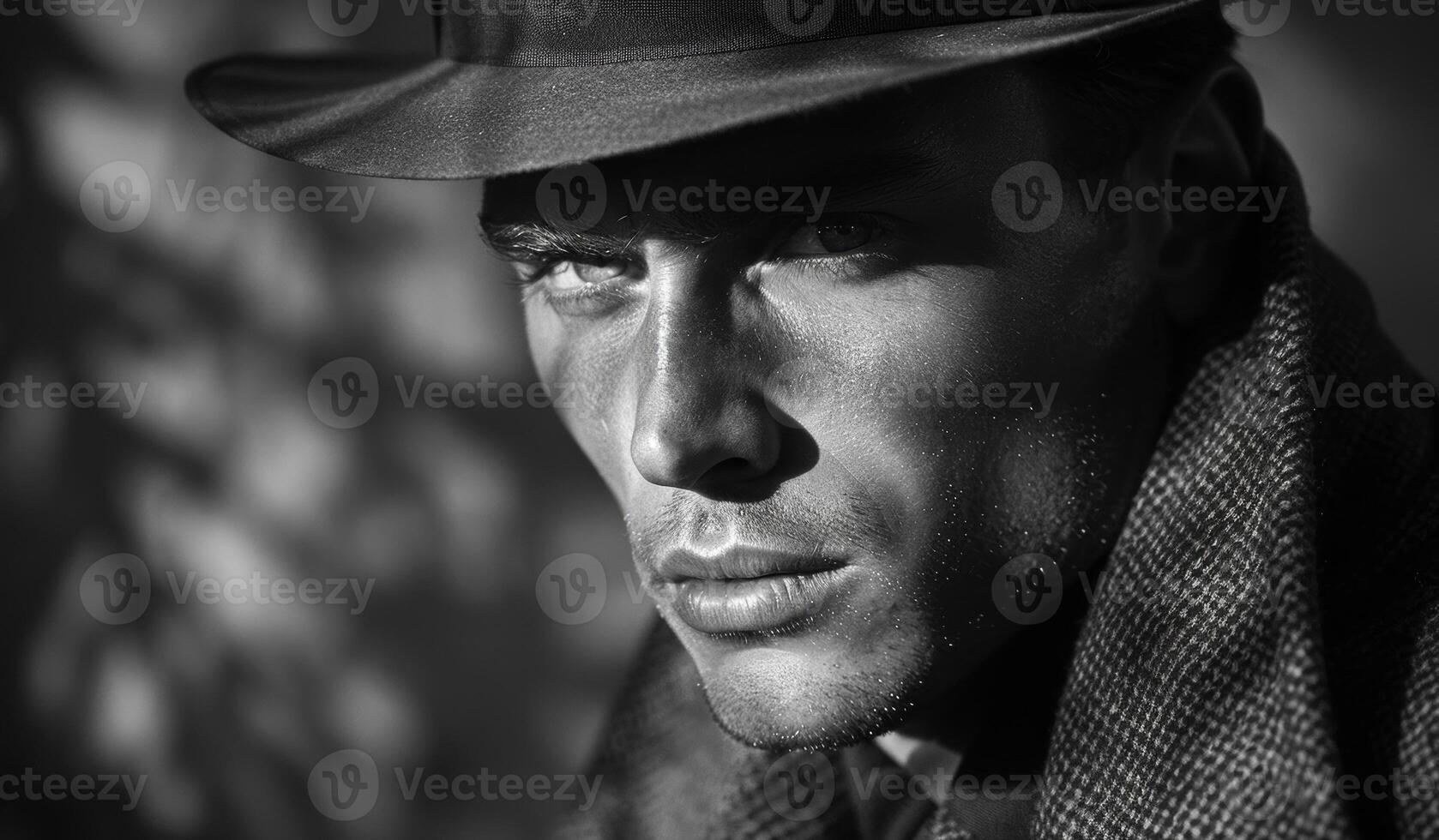 A man wearing a hat and a coat is looking at the camera. The image has a vintage feel to it, and the man's expression seems to be serious or contemplative photo