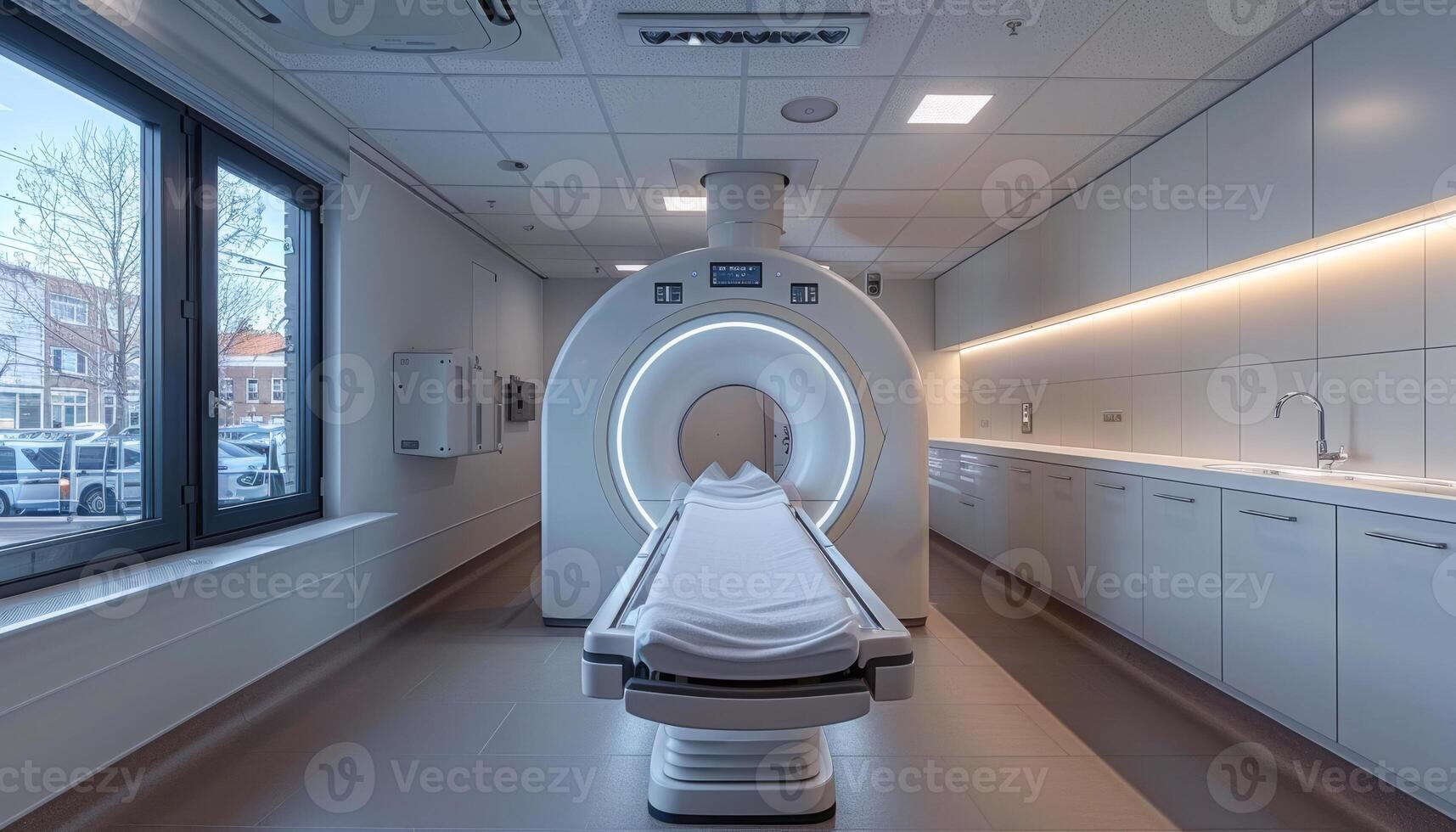 A large MRI machine is in a hospital room. The room is clean and sterile, with a sink and a refrigerator in the corner. The room is empty, with no people visible photo