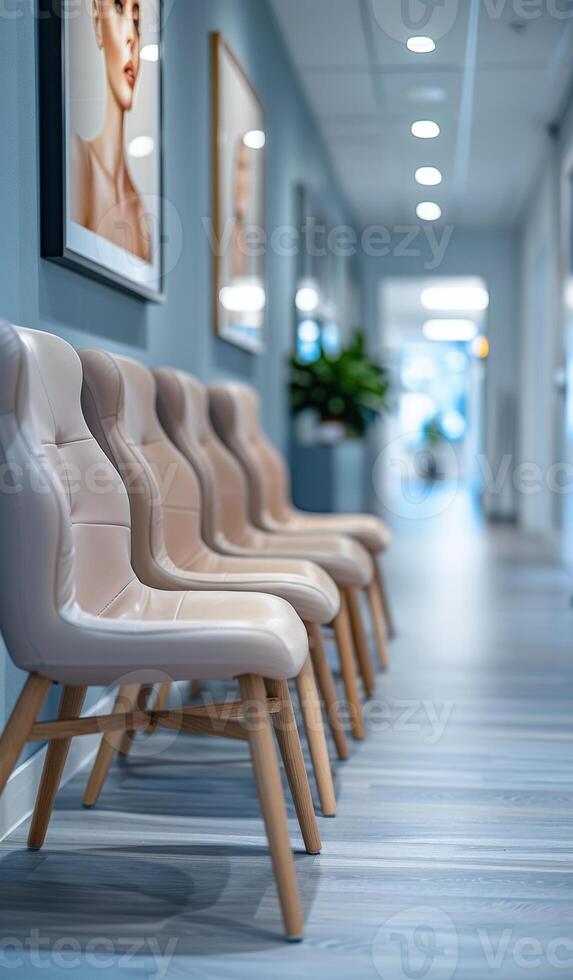 A row of chairs are lined up in a hallway. The chairs are all facing the same direction, and they are all empty photo