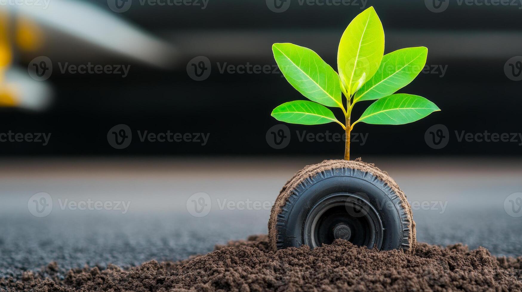 A small green plant is growing out of a tire. The tire is on a black surface photo