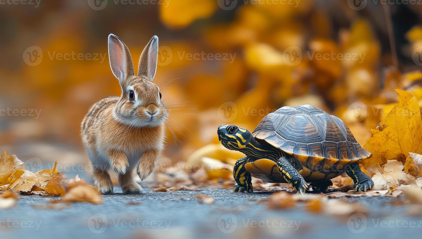 A rabbit and a turtle are walking together in the autumn photo