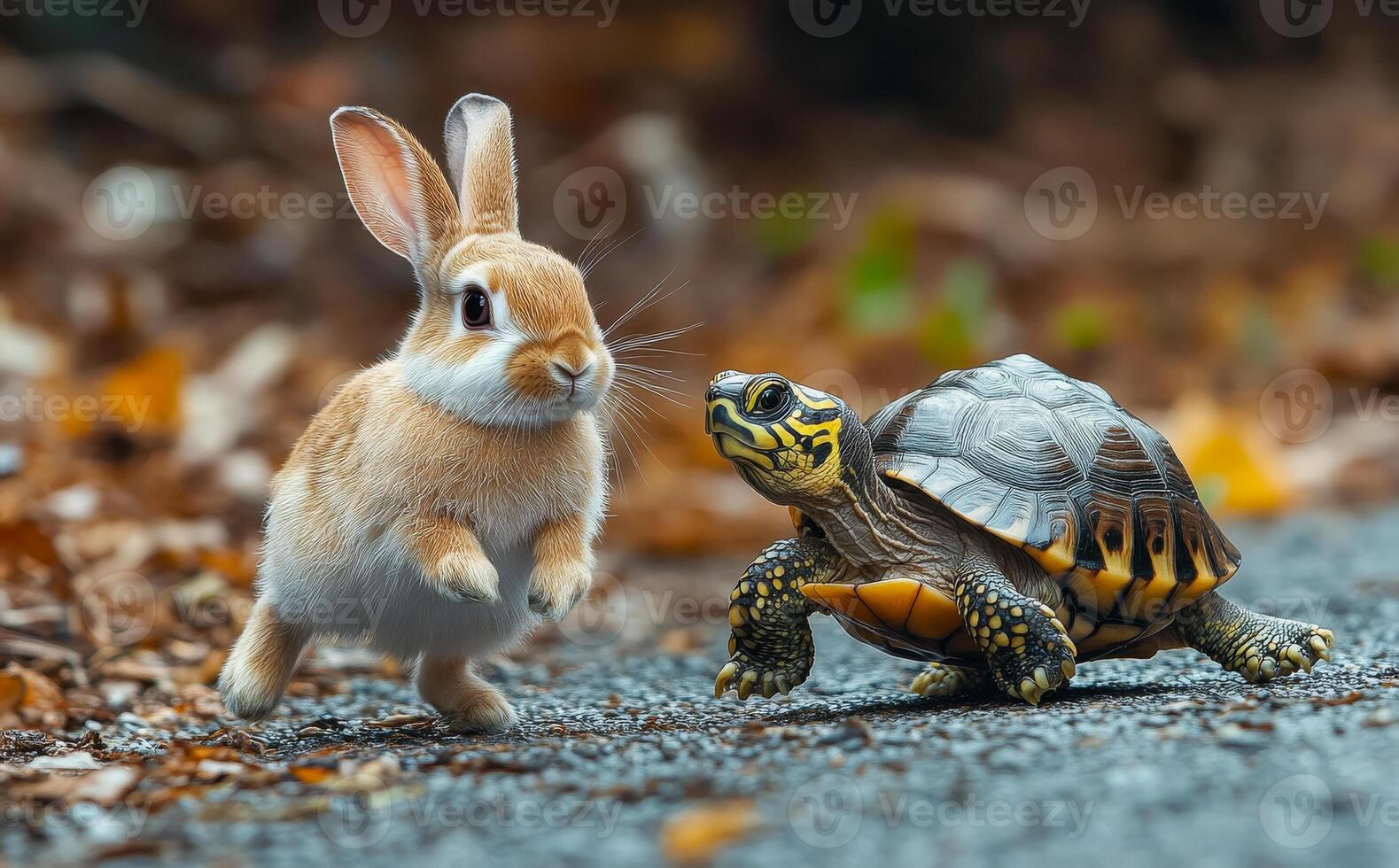 A rabbit and a turtle are walking on a road photo
