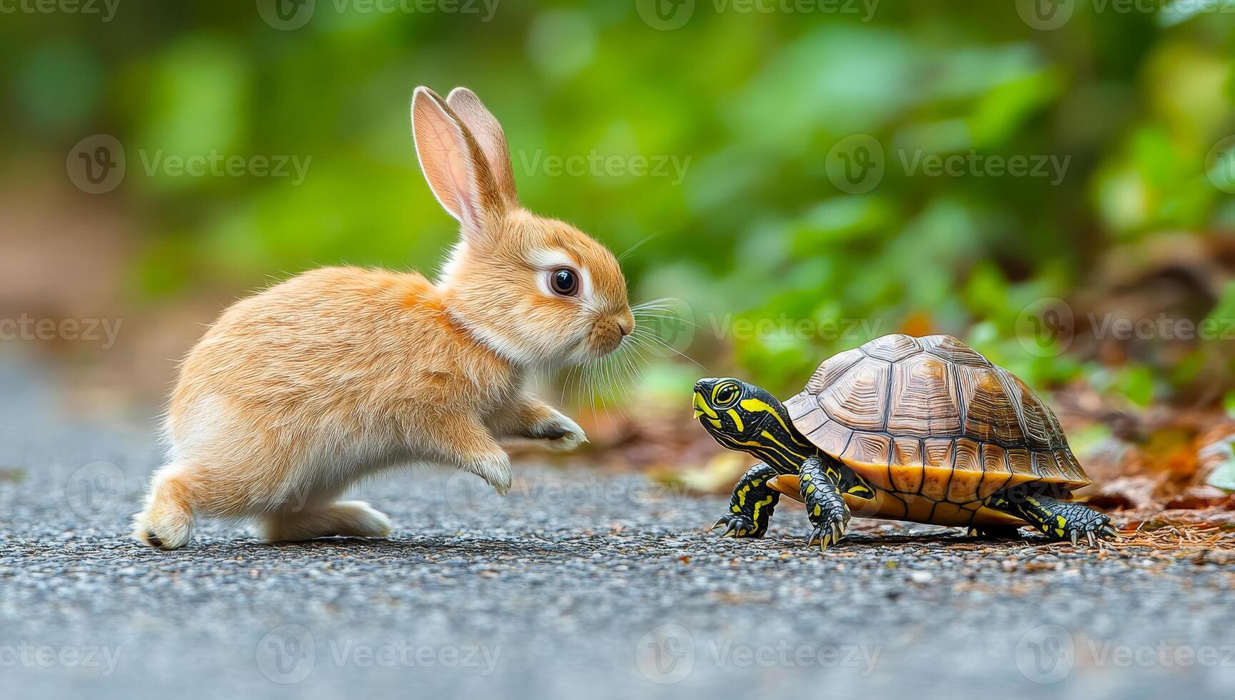 A rabbit and a turtle are walking on a road photo