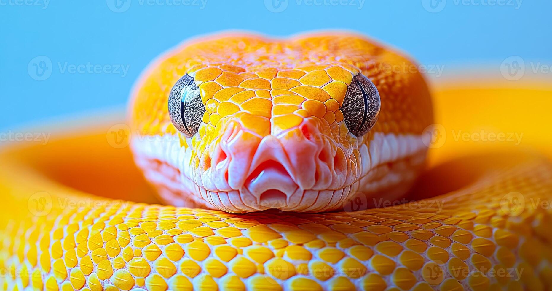 A yellow snake with a white head and red tongue. The snake is curled up and looking at the camera photo