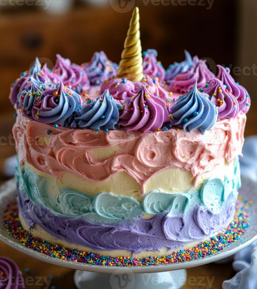 A unicorn cake with purple, blue, and pink frosting and sprinkles. The cake is decorated with a unicorn horn and has a rainbow design photo