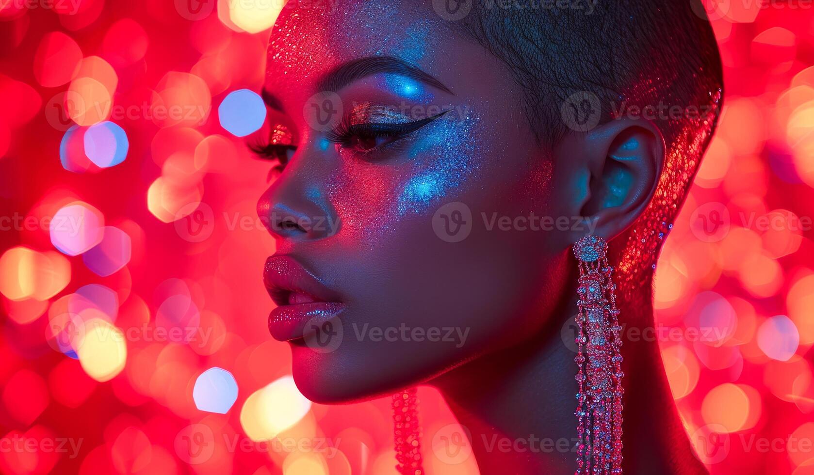 A woman with blue and silver glitter on her face and earrings. The background is red and blurry photo