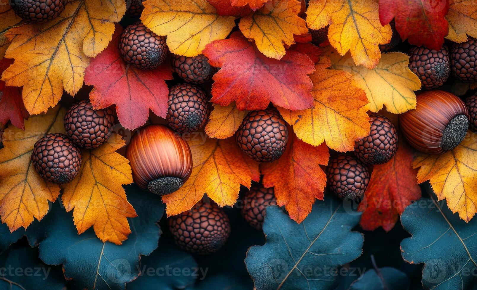 A close up of autumn leaves and acorns. Concept of warmth and nostalgia, as it captures the beauty of fall and the changing of the seasons photo