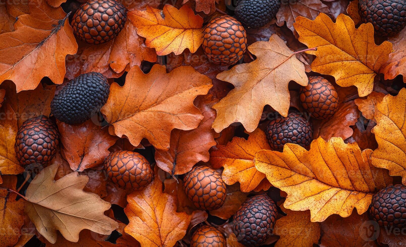 A pile of leaves and acorns with a brownish color photo