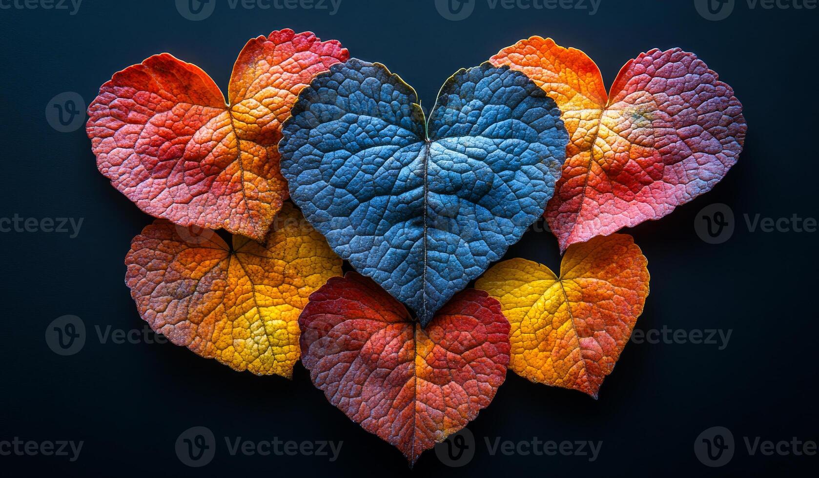 A collection of colorful leaves arranged in the shape of a heart. The leaves are of different colors and sizes, creating a vibrant and lively scene photo