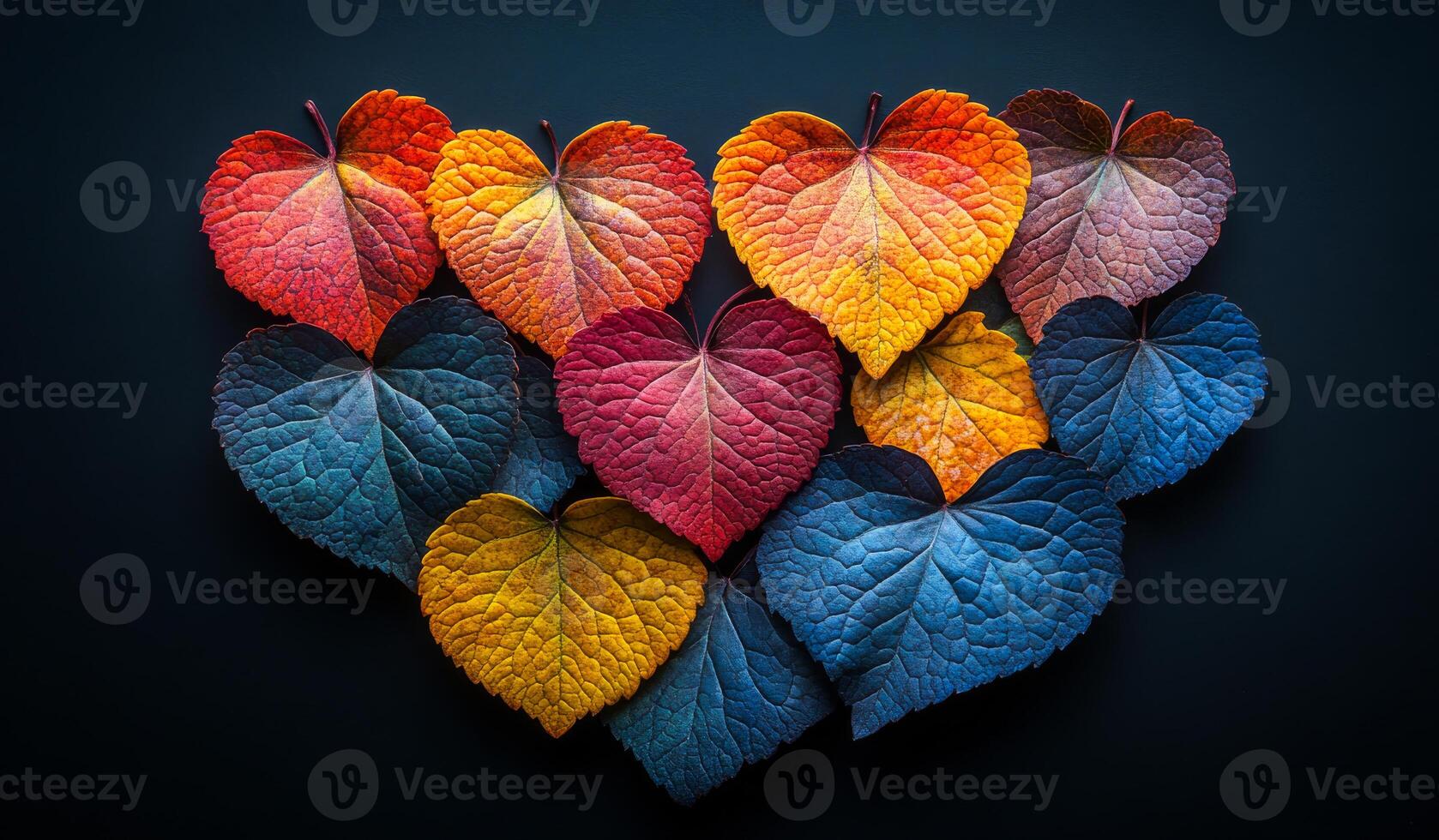 A collection of colorful leaves arranged in a heart shape. The leaves are of different colors and sizes, creating a vibrant and lively scene photo