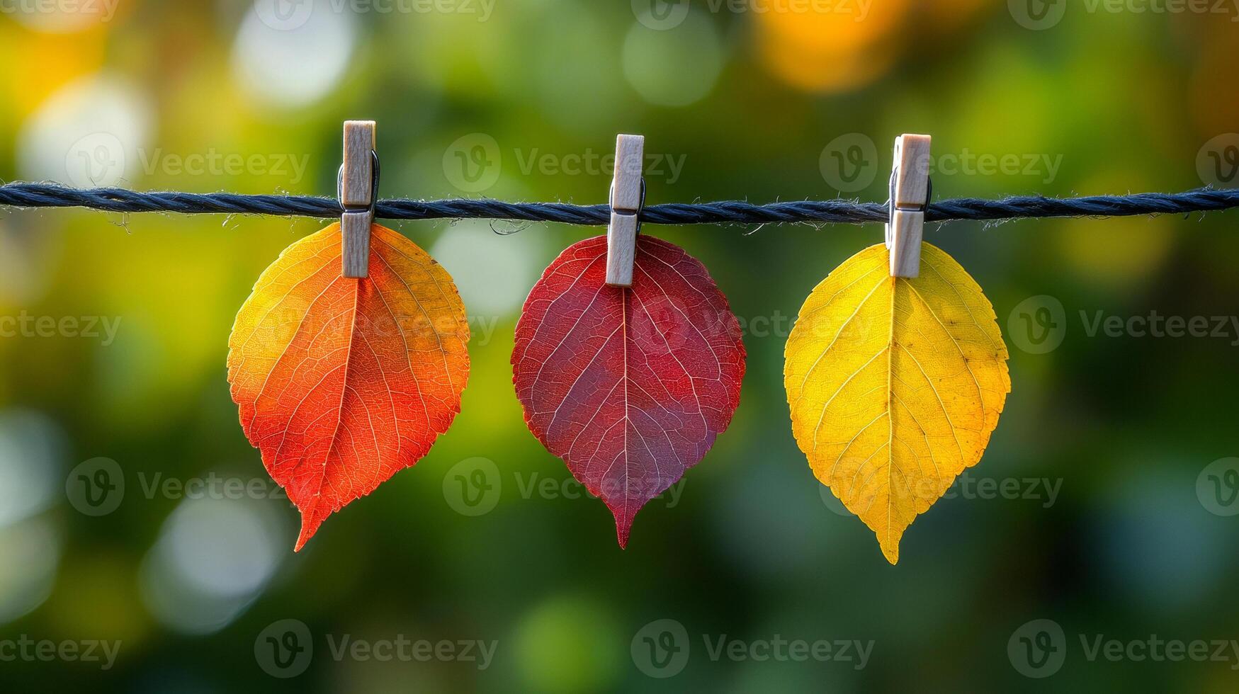 Three leaves hanging on a line, one red, one yellow, and one orange. The leaves are hanging in a row, and the background is green. Concept of autumn and the beauty of nature photo
