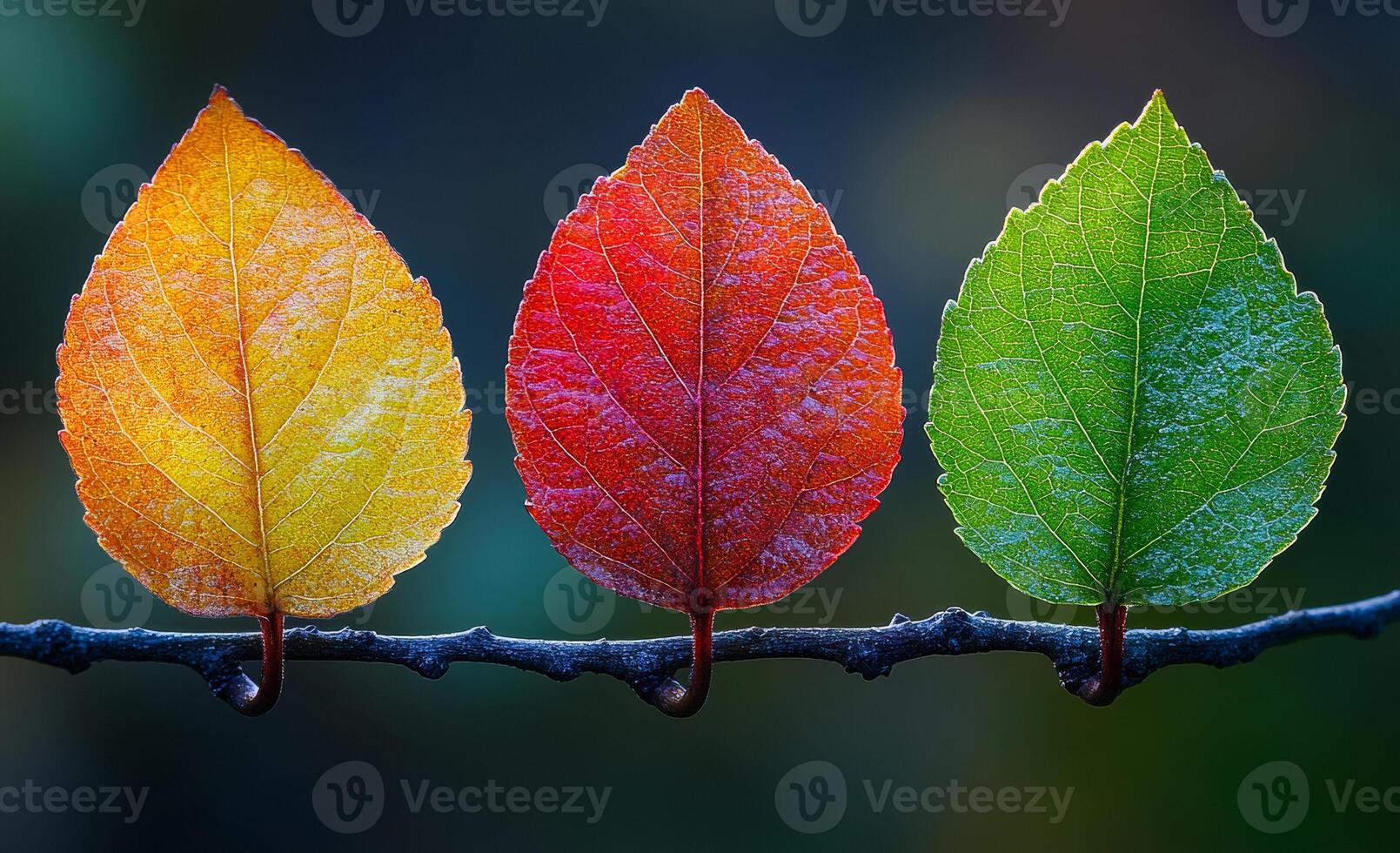 Three leaves of different colors are hanging on a wire. The leaves are green, red, and yellow photo