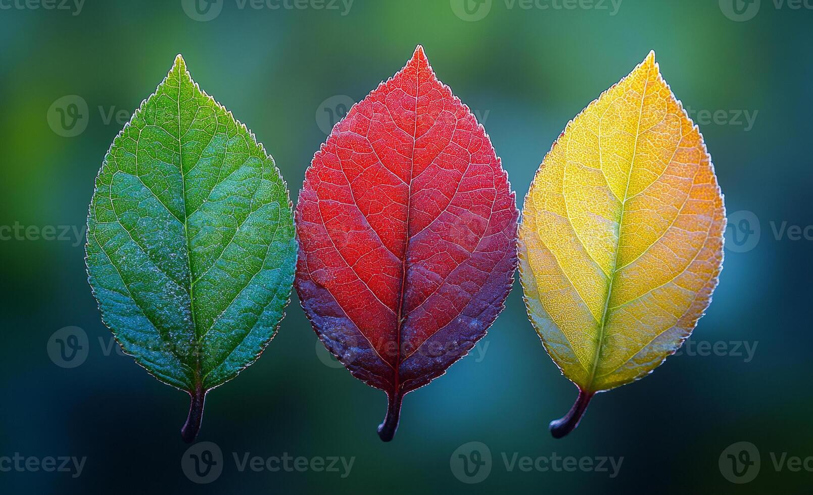 Three leaves of different colors are shown in a photo. The leaves are green, red, and yellow. The photo has a calm and peaceful mood