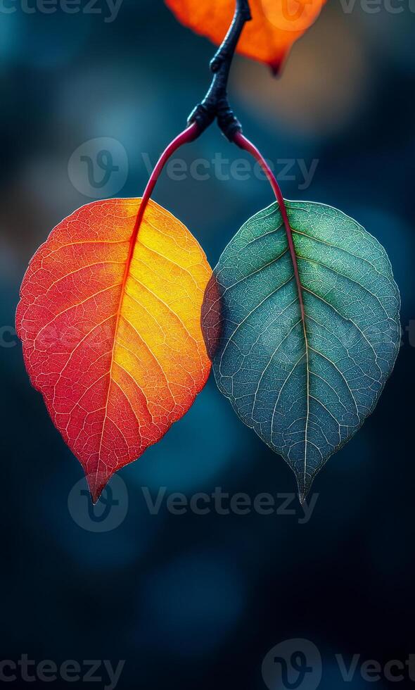 Two leaves are hanging from a branch, one is red and the other is green. The leaves are shiny and have a metallic look to them photo