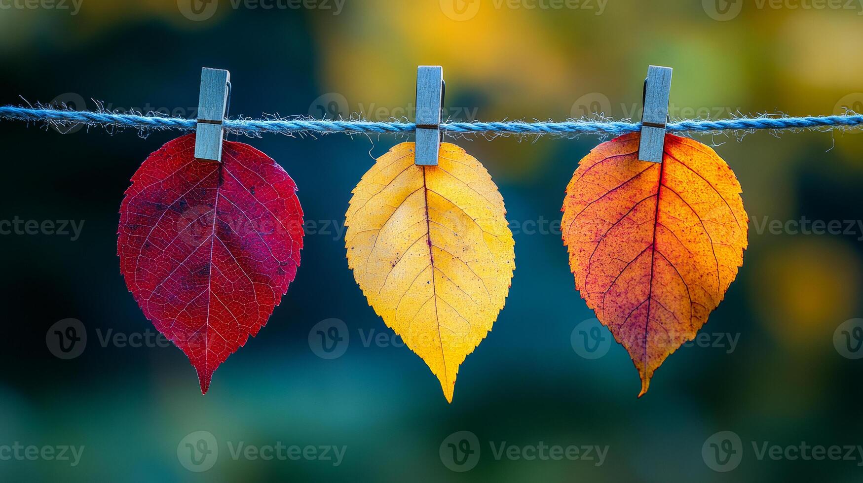 Three leaves hanging on a clothesline, one red, one yellow, and one orange. The leaves are arranged in a way that they look like they are drying in the sun photo