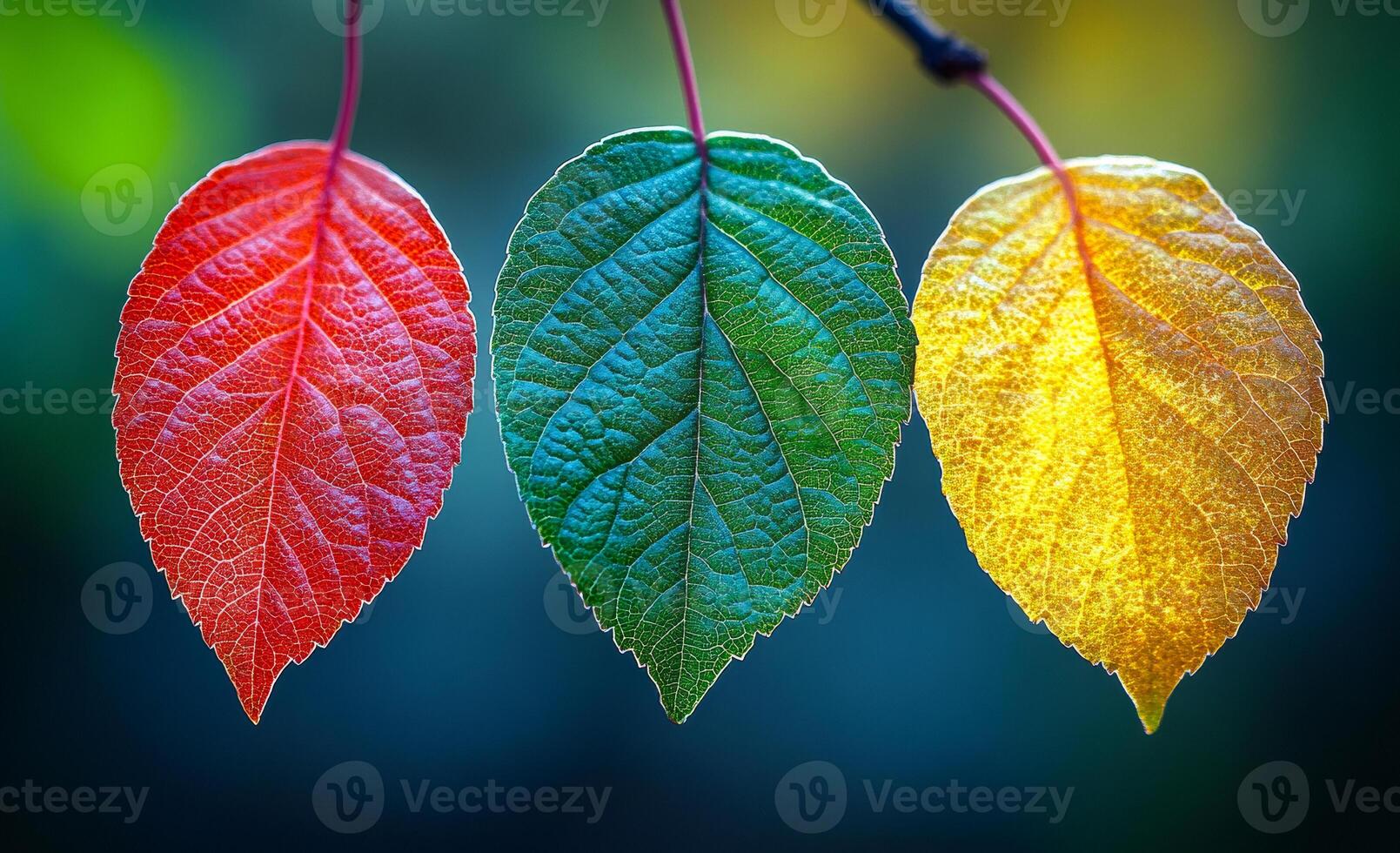 Three leaves of different colors are hanging from a branch. The leaves are red, green, and yellow photo