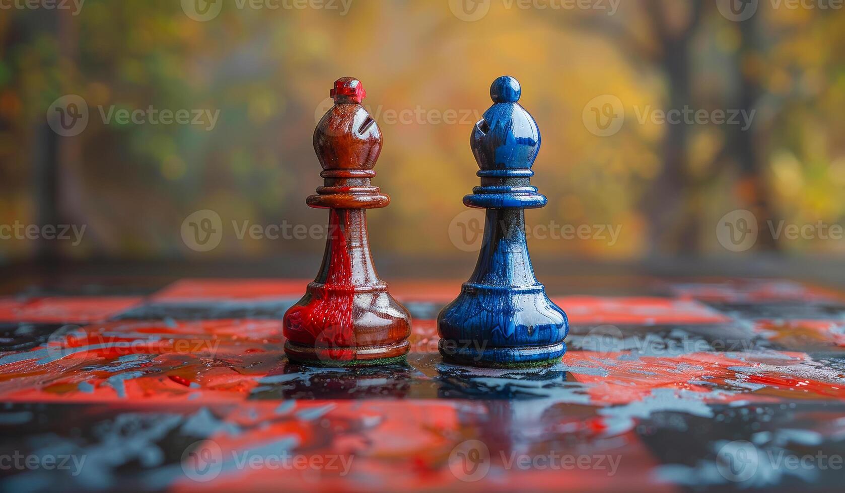 Two chess pieces, one red and one blue, are sitting on a board. Scene is playful and lighthearted photo
