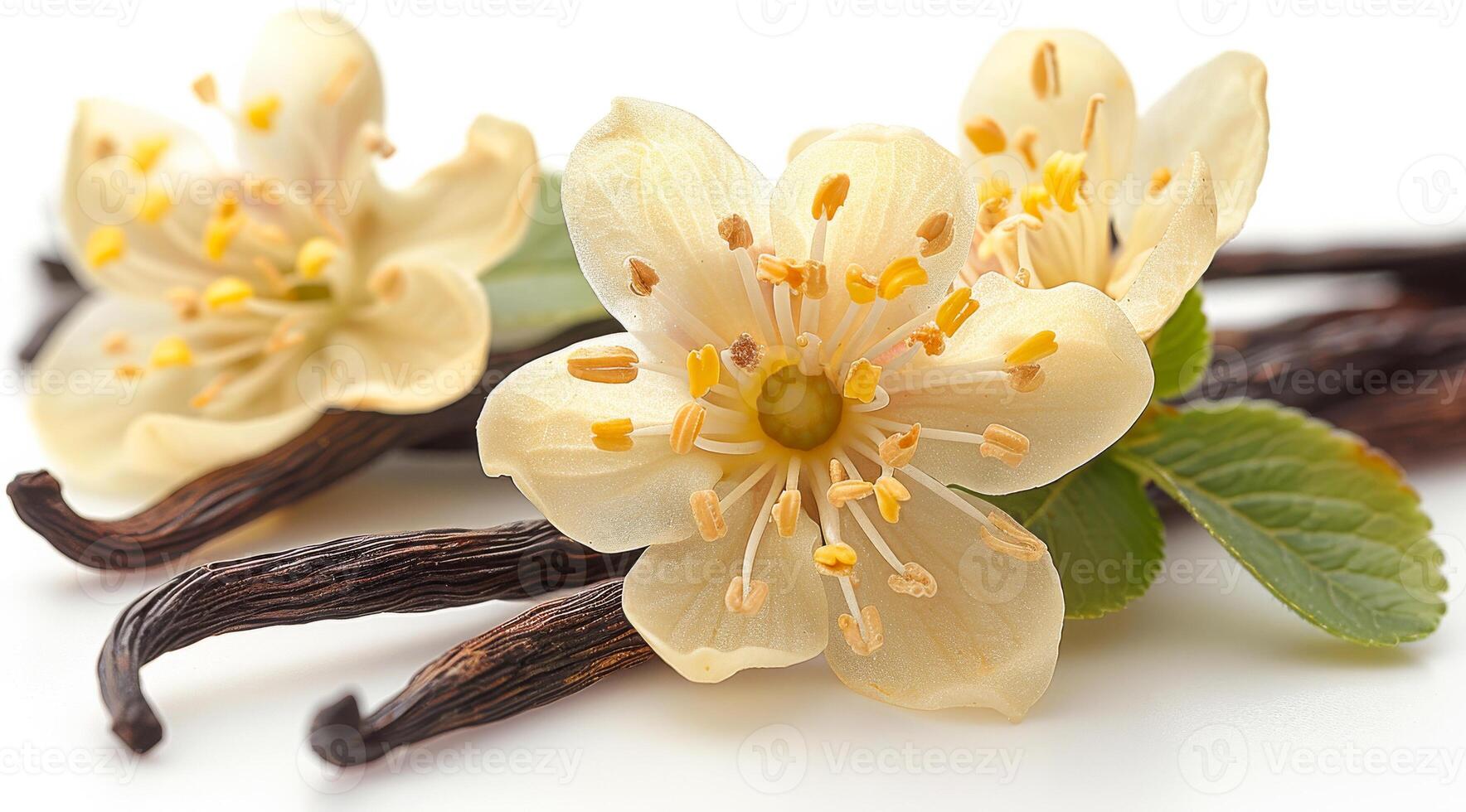 A close up of a flower with a bunch of vanilla beans on top. Concept of freshness and natural beauty photo