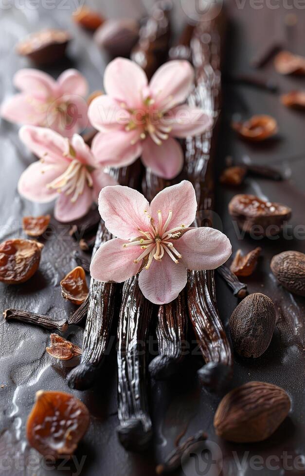 A close up of a bunch of vanilla beans and flowers. The image has a warm and inviting mood, with the combination of the sweet vanilla and the delicate pink flowers photo
