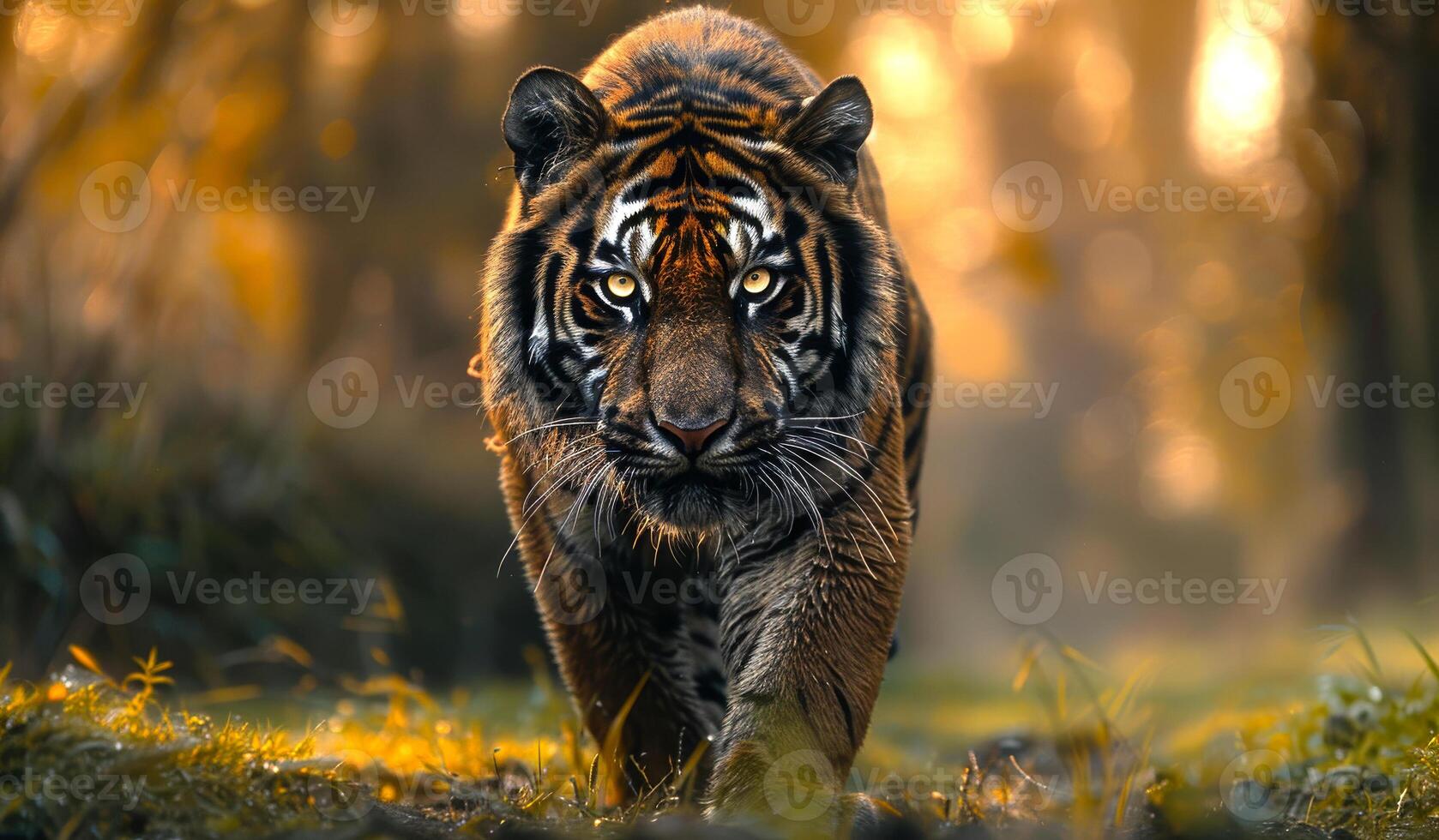 A tiger is walking through a forest. The tiger is the main focus of the image, and it is walking confidently and purposefully. The forest setting creates a sense of mystery and adventure photo