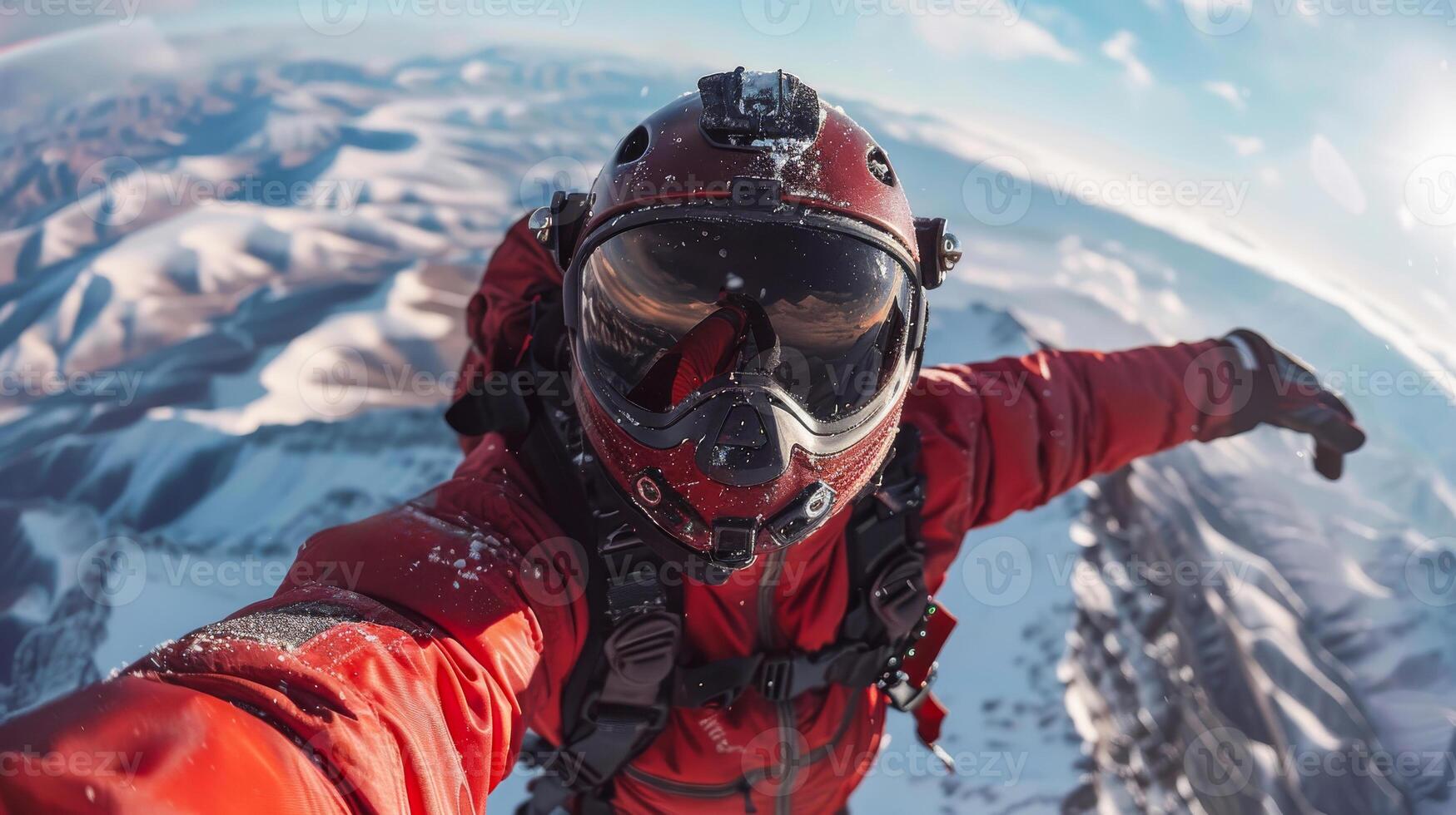A man in a red jacket and goggles is taking a selfie from the top of a mountain. The photo captures the excitement and thrill of the moment, as the man is in the air, surrounded by snow and mountains