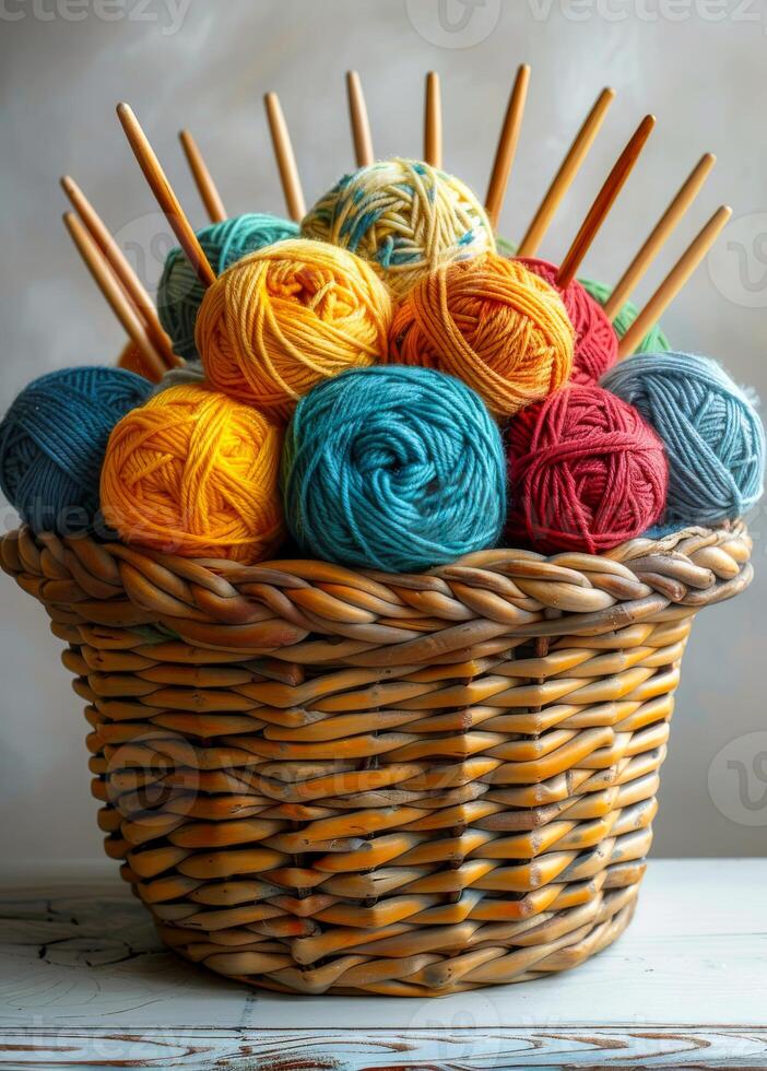 A basket full of colorful yarn balls. The basket is made of wicker and is placed on a table. The yarn balls are of different colors and sizes photo