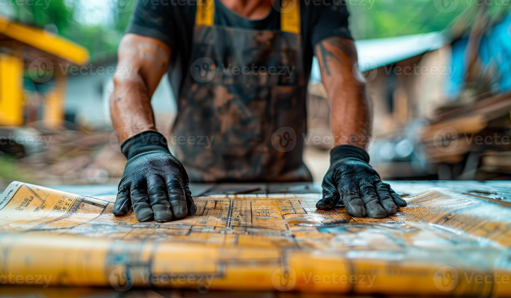 A man wearing a black apron and gloves is working on a yellow piece of paper. The man is focused on the paper, and it appears that he is making some sort of design or drawing photo