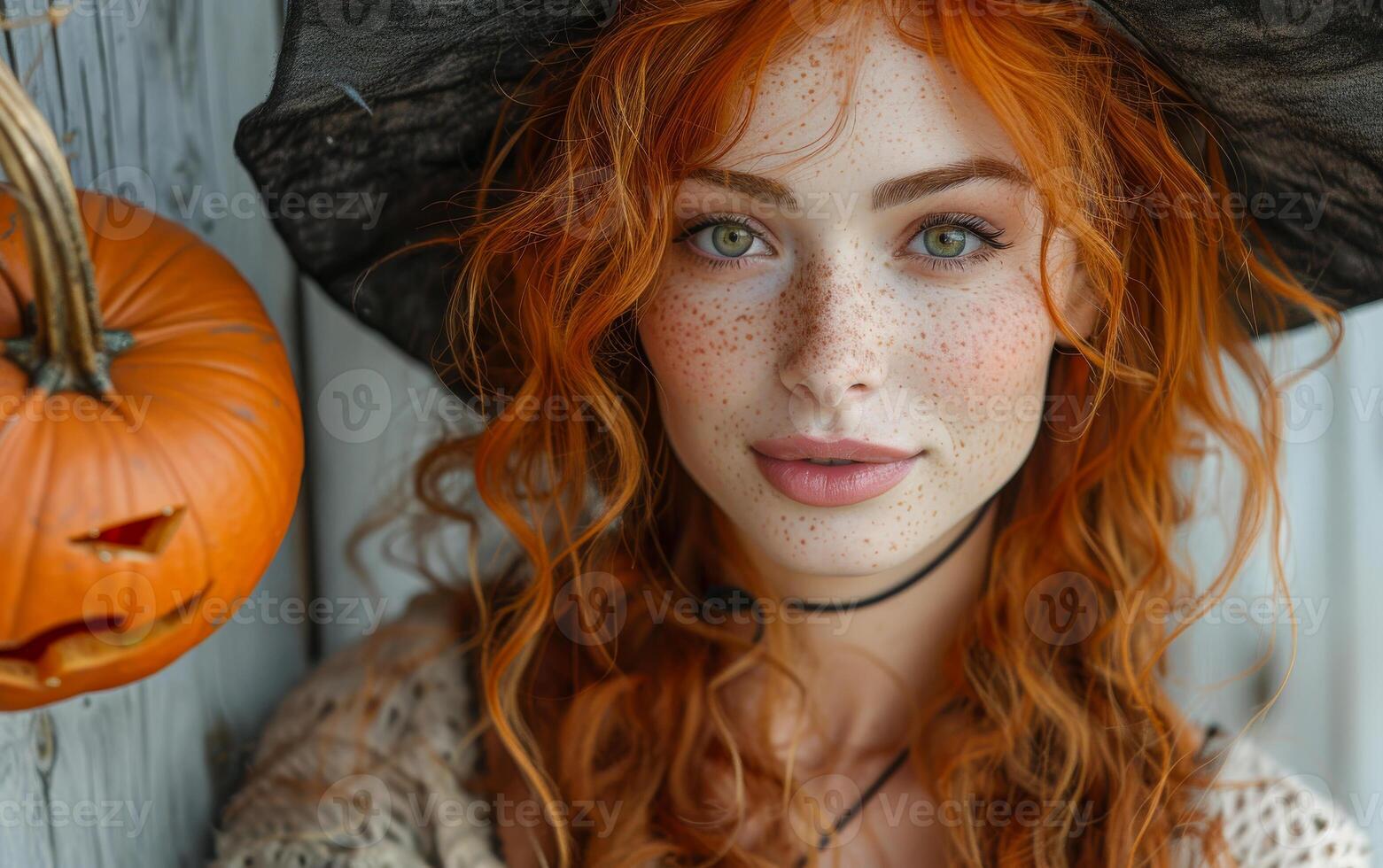 A woman with red hair and green eyes is wearing a black hat and standing in front of a pumpkin. Halloween. photo