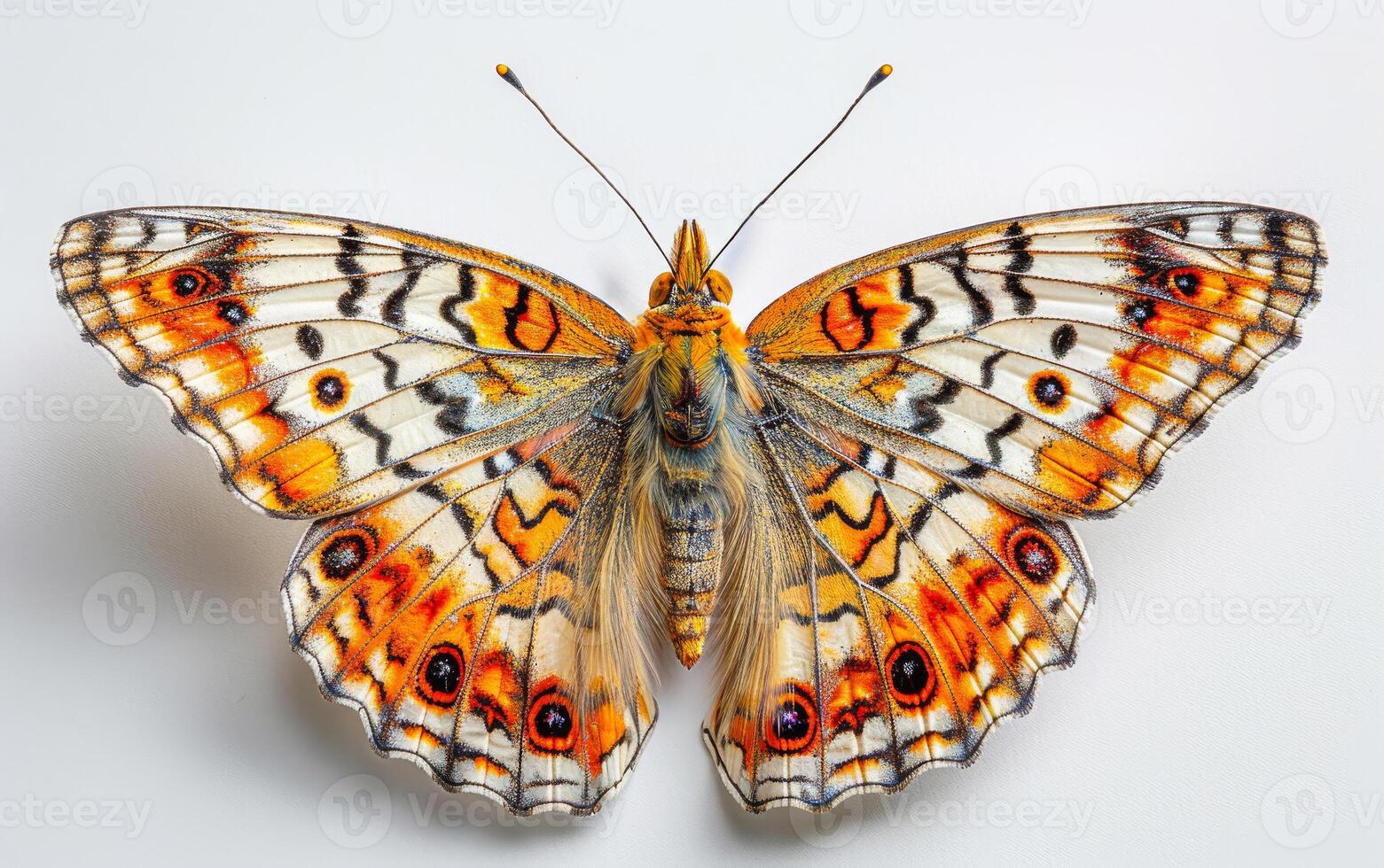 A butterfly with orange and white wings is sitting on a white surface. The butterfly has a unique pattern on its wings, and it is resting photo