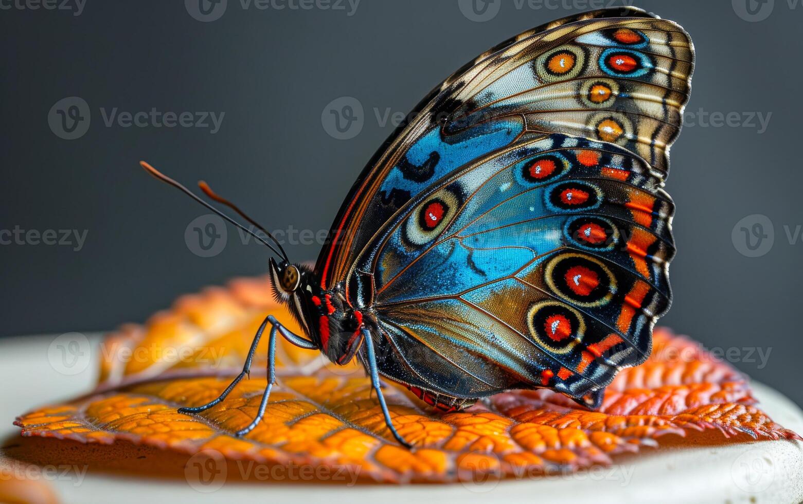 A butterfly with blue wings and red spots is sitting on a leaf. The butterfly is surrounded by a leaf, which is brown and has a slightly fuzzy texture. Concept of tranquility and natural beauty photo