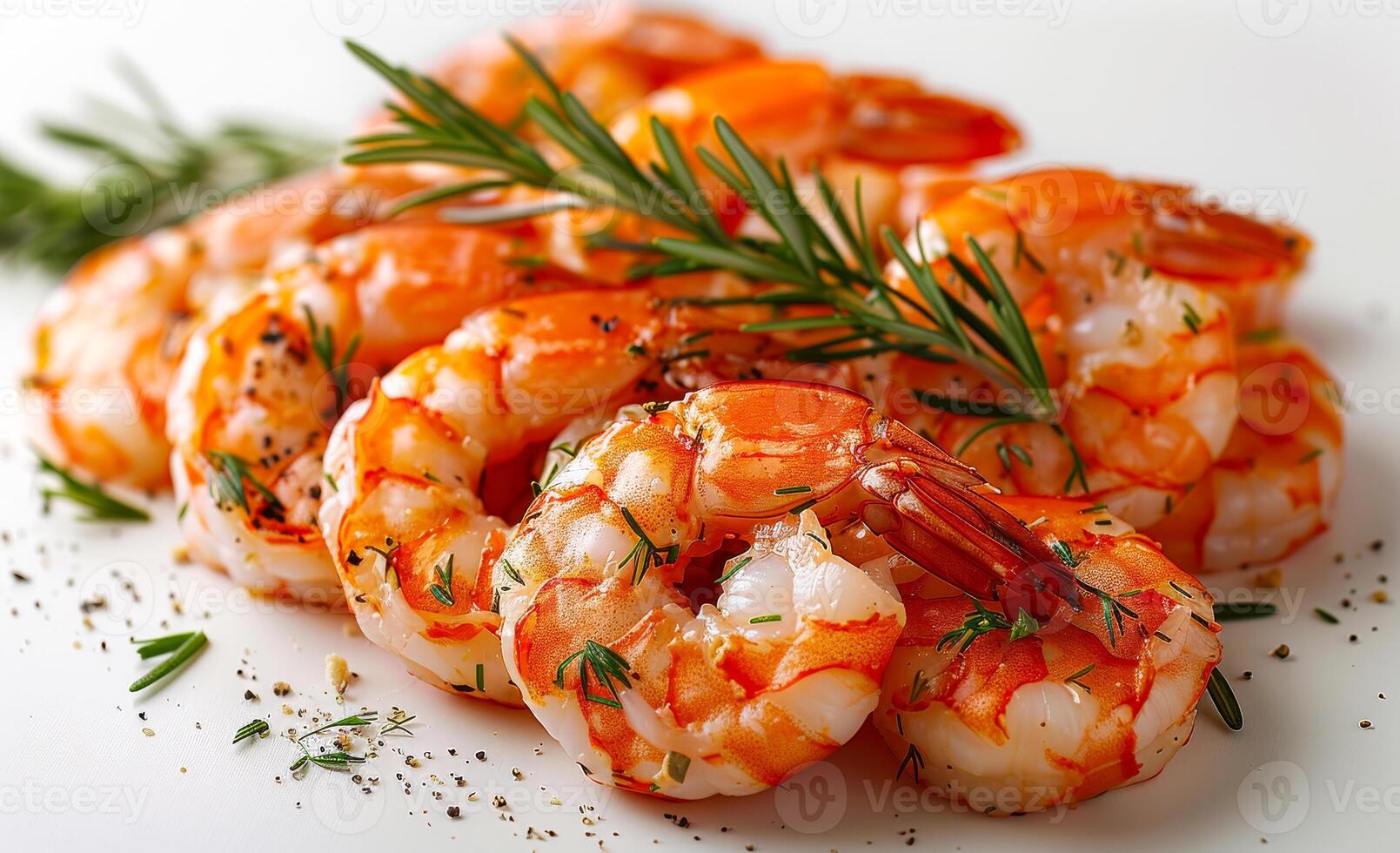 A pile of shrimp with herbs on top. The shrimp are arranged in a way that they are all facing the same direction photo