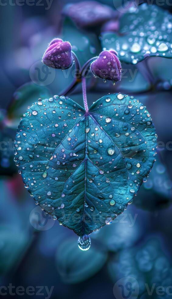 A leaf with water droplets on it. The leaf is blue and has a heart shape. The water droplets are scattered all over the leaf, giving it a serene and calming appearance photo