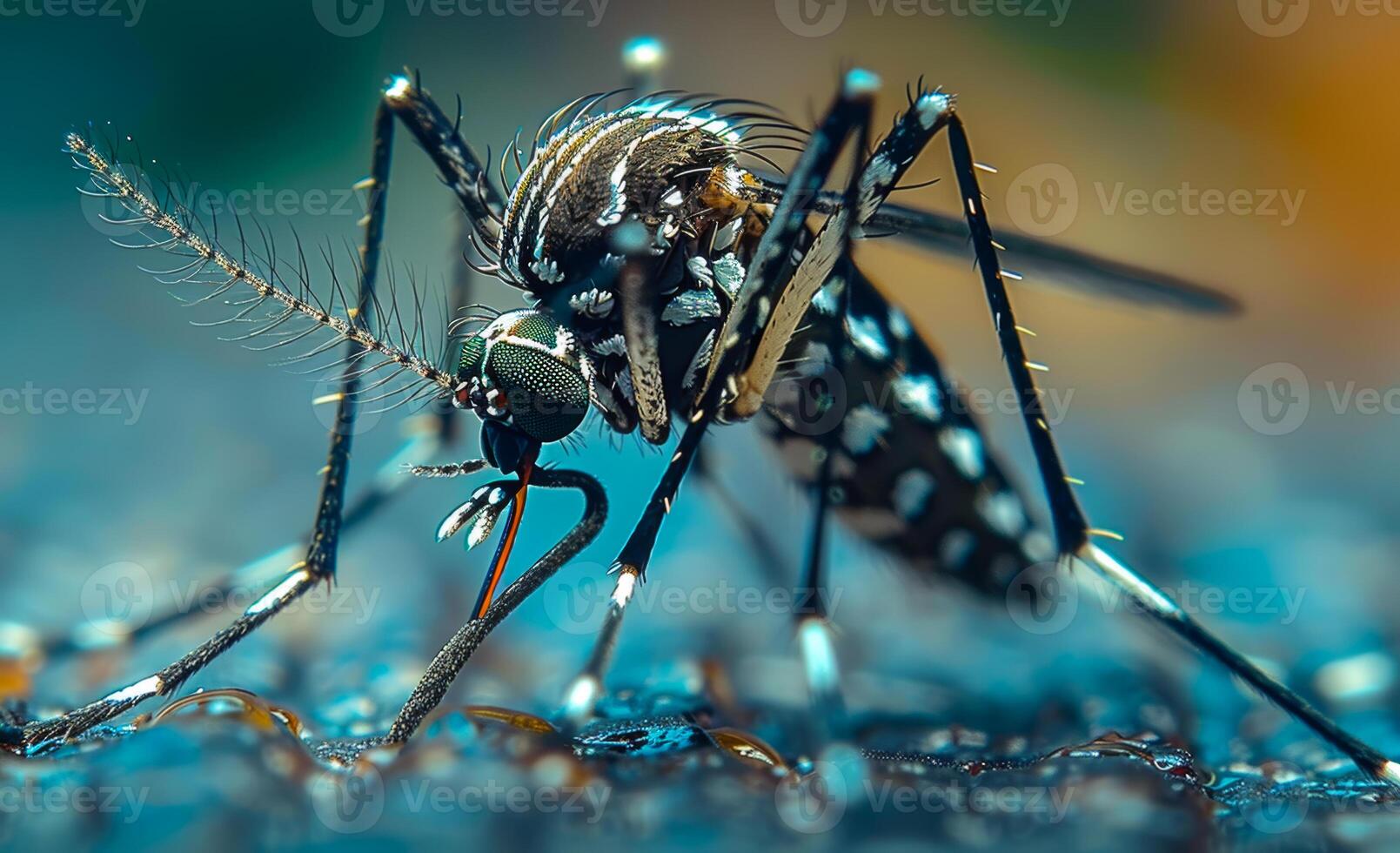 A mosquito is shown in a close up, with its head and legs visible. The insect is black and white, with a brown stripe down its back. Concept of unease and discomfort photo