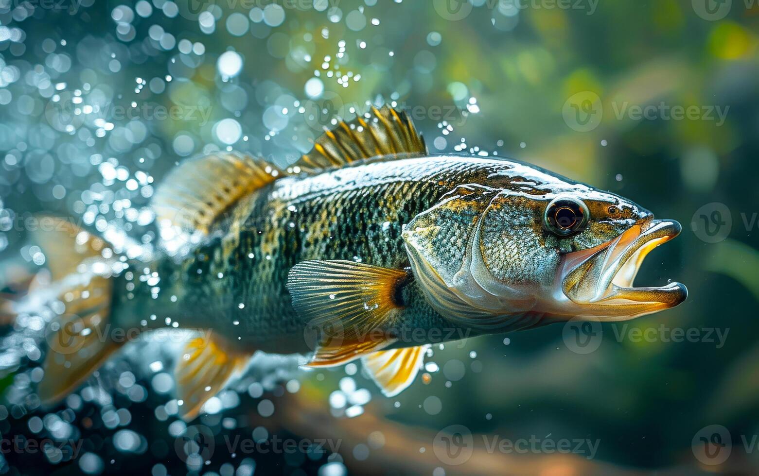 A fish is swimming in the water with its mouth open. The fish is surrounded by water droplets, creating a sense of movement and energy photo