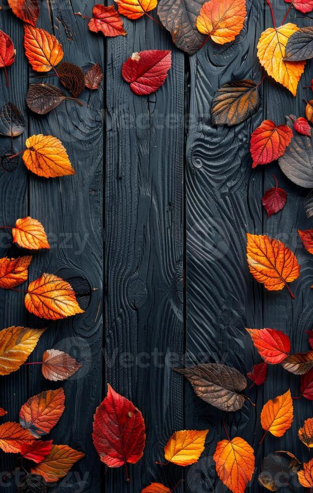 A black background with a large number of orange and red leaves scattered across it. The leaves are of various sizes and shapes, creating a sense of depth and movement. Scene is warm and inviting photo