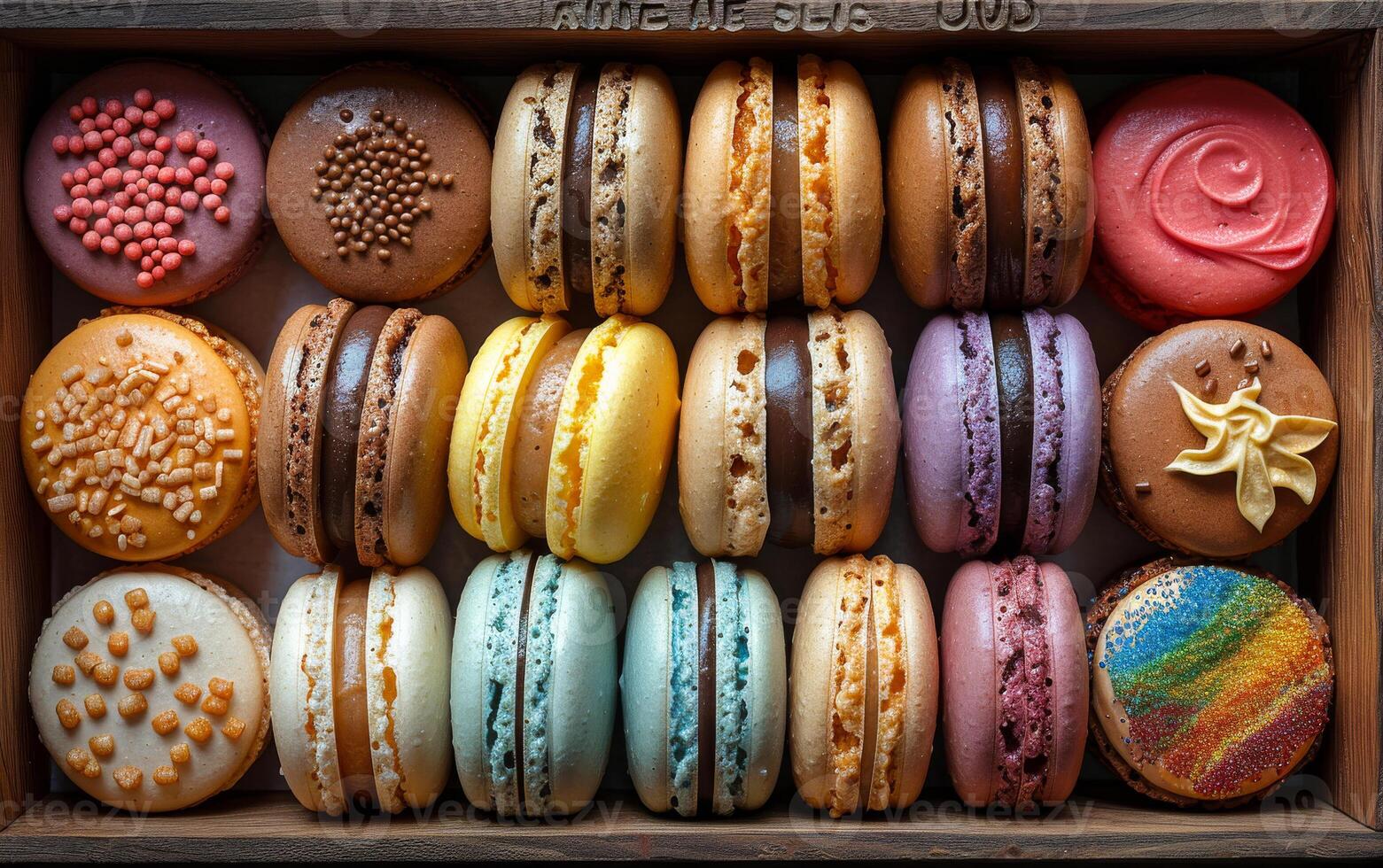 A tray of assorted colored macaroons. The tray is wooden and has a rainbow of colors photo