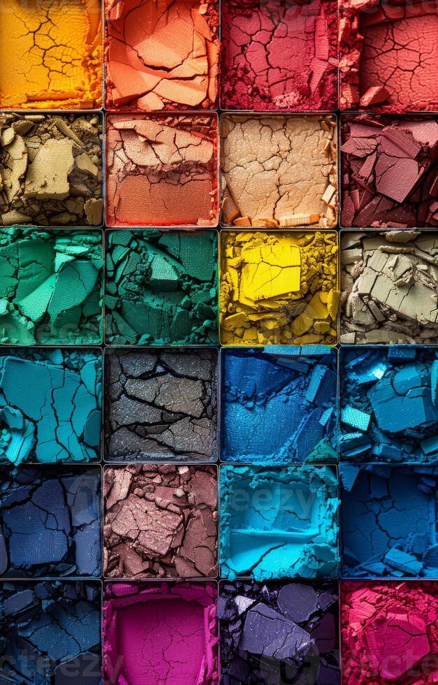 A colorful array of makeup palettes with a variety of colors and textures. Concept of creativity and self-expression, as the makeup palettes can be used to create unique and personalized looks photo