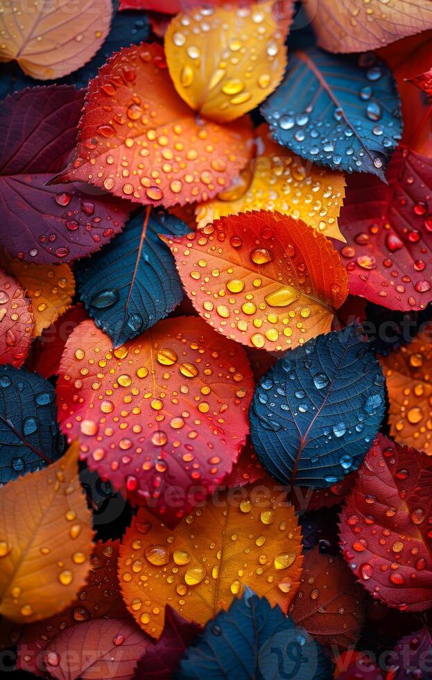 A close up of a leafy tree with many different colored leaves. The leaves are wet and shiny, and the colors are vibrant and varied. Concept of freshness and vitality, as well as the beauty of nature photo